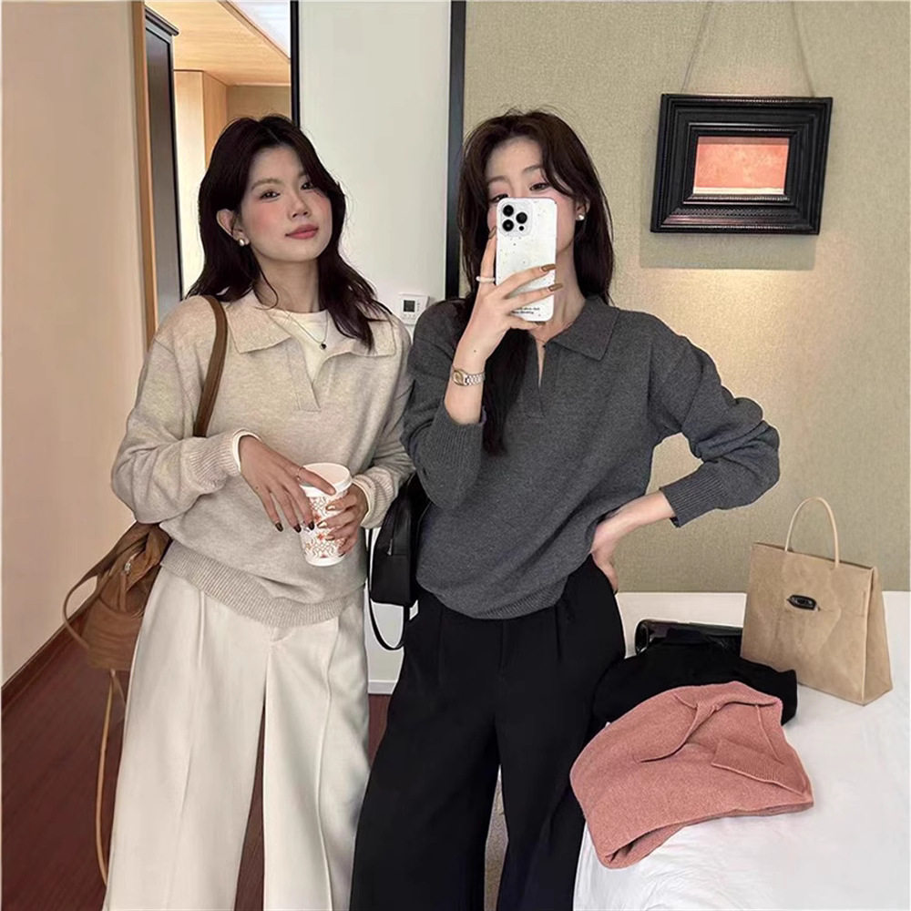 软糯polo翻领毛衣女内搭秋冬复古港味慵懒风上衣休闲针织打底衫