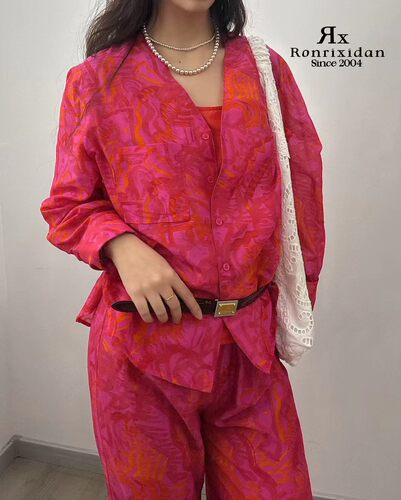 轻奢欧货原创设计宽松百搭V领长袖真丝棉丝棉衬衣V领印花衬衫裤子