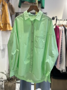 韩国原创设计宽松百搭翻领长袖 女上衣果绿色 龟背感设计纯色衬衫