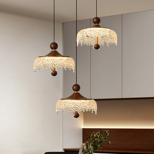 法式中古风可升降餐厅吊灯创意水滴过道灯胡桃木色卧室床头小吊灯