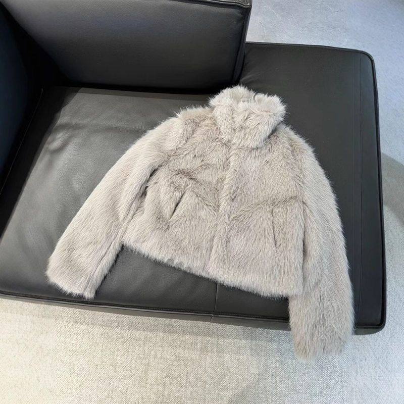 秋冬新品女装时尚仿皮草效果长袖立领毛绒保暖休闲口袋短外套
