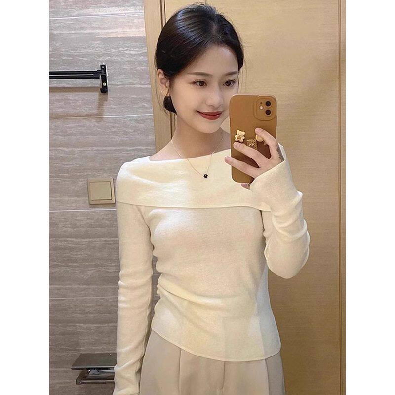 春季2025温柔风一字肩针织上衣女修身纯欲韩版毛衣气质时髦打底衫