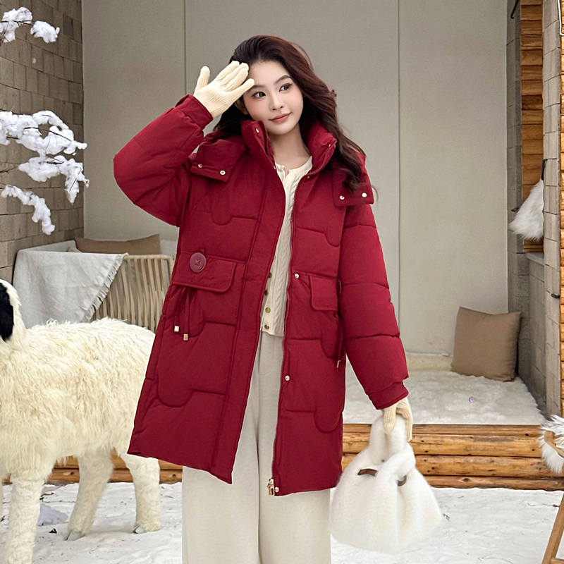 红色连帽中长款棉服女冬季加厚