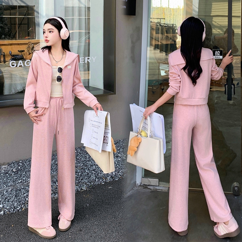 海军领休闲运动套装女2026春季新款时髦洋气粉色卫衣阔腿裤两件套