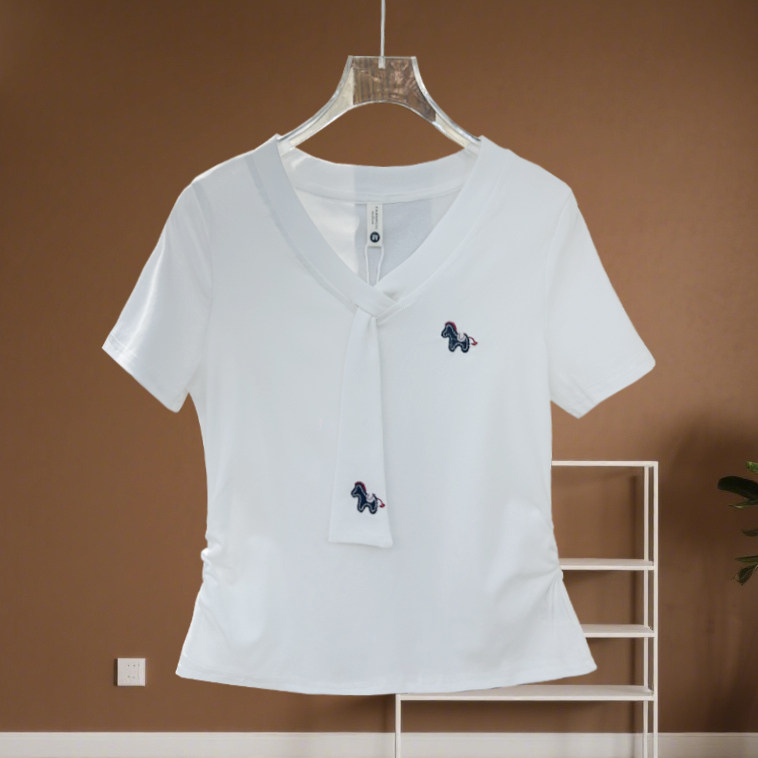 韩系V领刺绣小马短袖t恤女夏2026新款小个子短款修身显瘦白色上衣