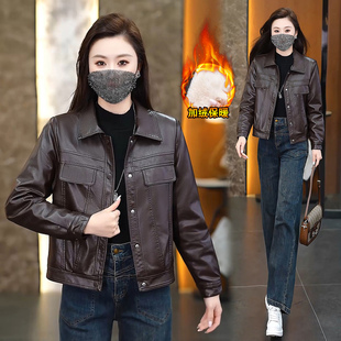 时尚翻领皮衣外套女冬季2025新款加绒加厚保暖小个子短款PU皮夹克