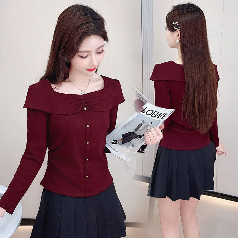 荷叶领长袖t恤女2025新款早秋