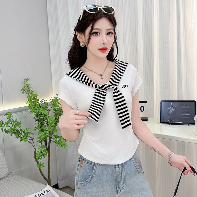 白色披肩短袖t恤女夏季2026新款小个子短款修身显瘦减龄洋气上衣