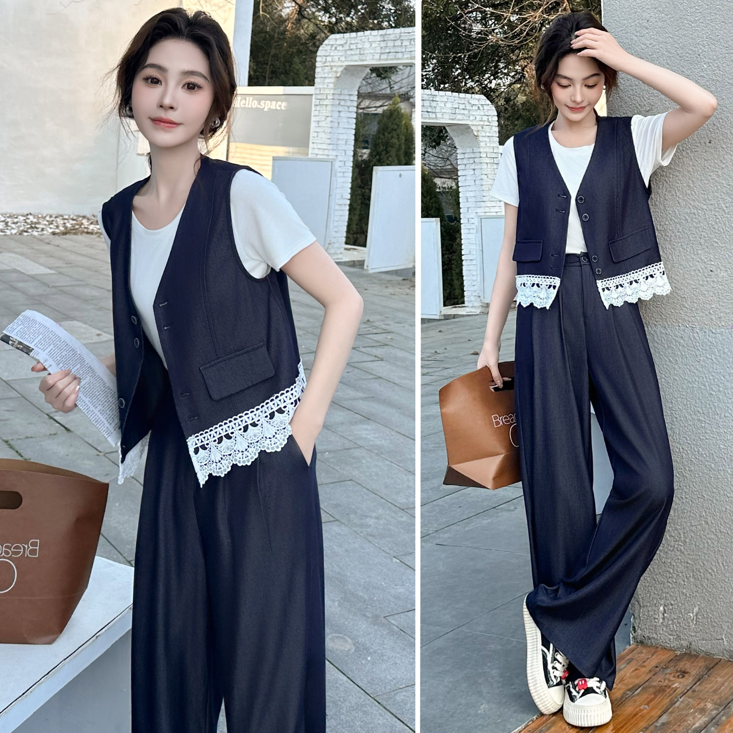天丝牛仔套装女夏薄款2025新款时尚洋气时髦休闲阔腿裤马甲三件套