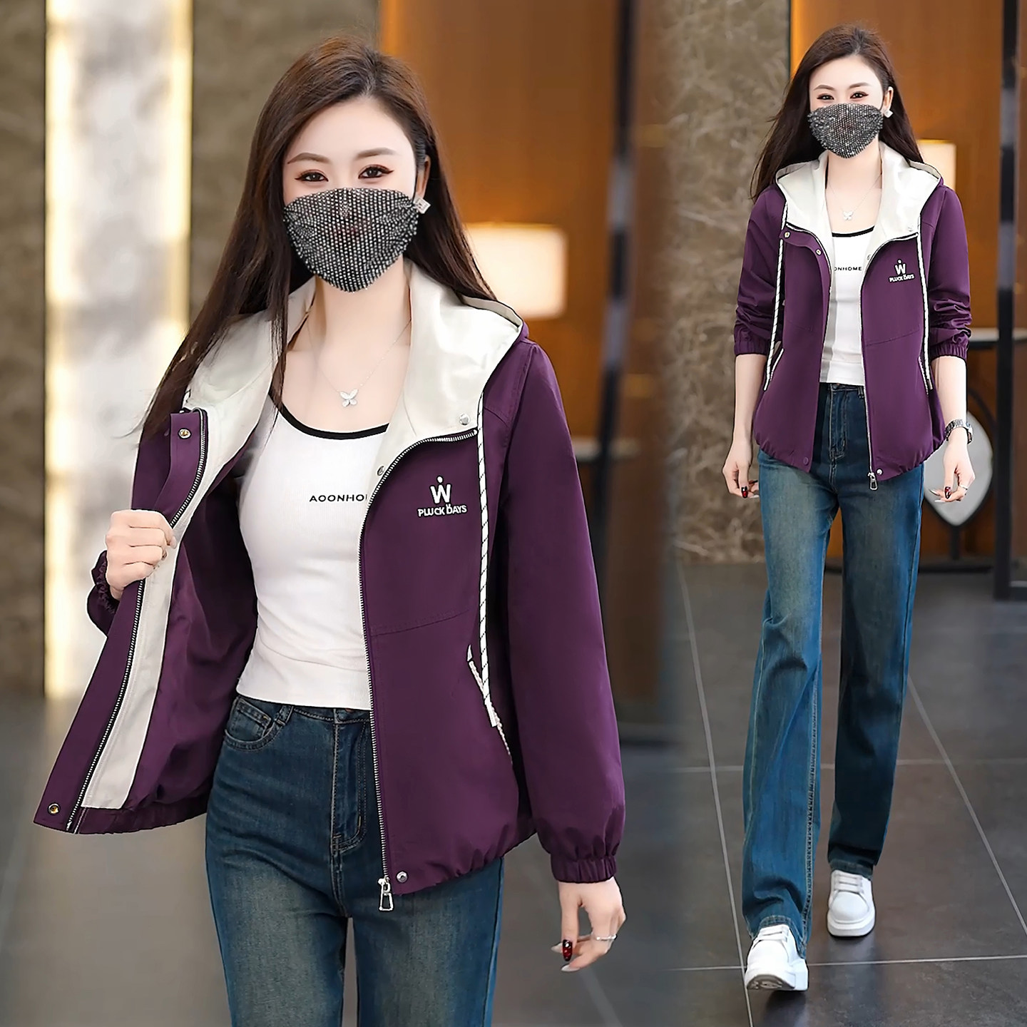 连帽休闲外套女春款2026新款宽松显瘦百搭女士小个子短款夹克上衣