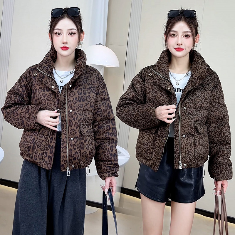 豹纹短款立领棉服女款冬季2025