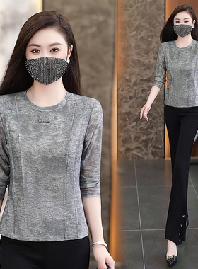 灰色长袖t恤女2026新款春款时尚洋气小衫修身显瘦女士打底衫上衣