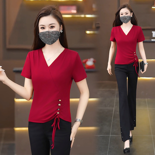 红色V领短袖t恤女2026新款夏季时尚洋气小衫修身显瘦女士抽绳上衣