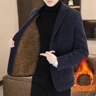 2026秋季新款商务中老年男士涤纶加绒西服上衣时尚保暖爸爸款外套