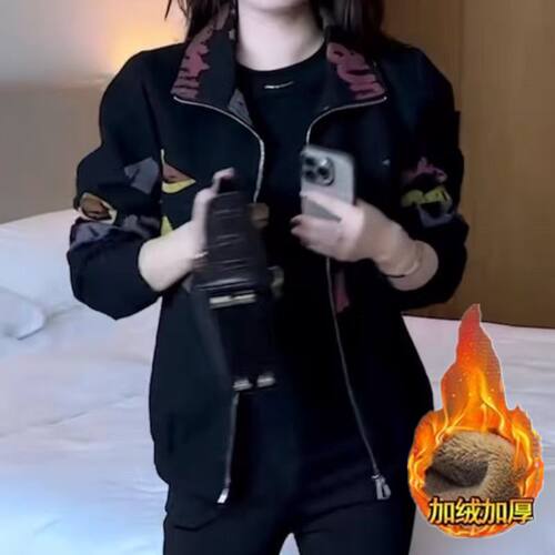 休闲印花短款外套女秋季新款显瘦百搭休闲小个子妈妈拼接夹克上衣