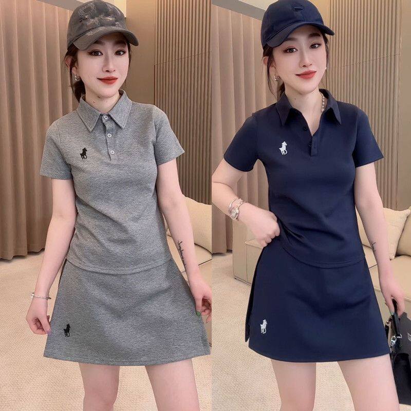2026夏季T恤+高腰短裙套装网红同款刺绣纽扣polo领短袖新款套装女