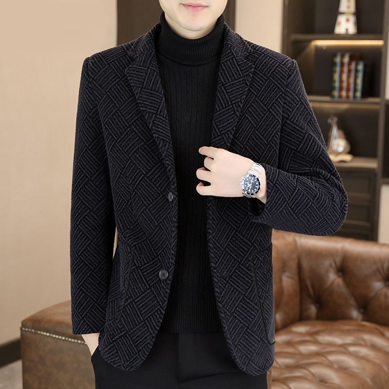 毛呢西装外套男士秋冬季新款高档加厚西服休闲中青年单西上衣