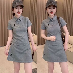 高腰短裙套装 T恤 网红同款 刺绣纽扣polo领短袖 女 夏季 套装 新款