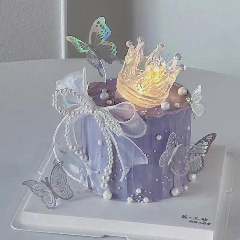 网红女神仙女蛋糕装饰透明水晶皇冠摆件幻彩蝴蝶插件生日装扮插牌