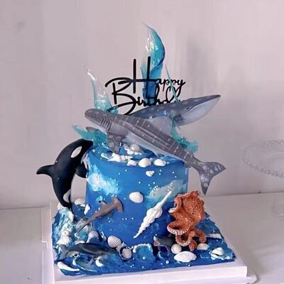 鲨鱼蛋糕装饰摆件海洋系列男孩生日蛋糕装饰儿童海豚蓝鲨八爪鱼r