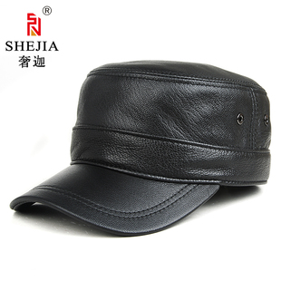 后封口帽子男秋冬季羊皮平顶薄款遮阳防晒全封闭户外中老年真皮帽