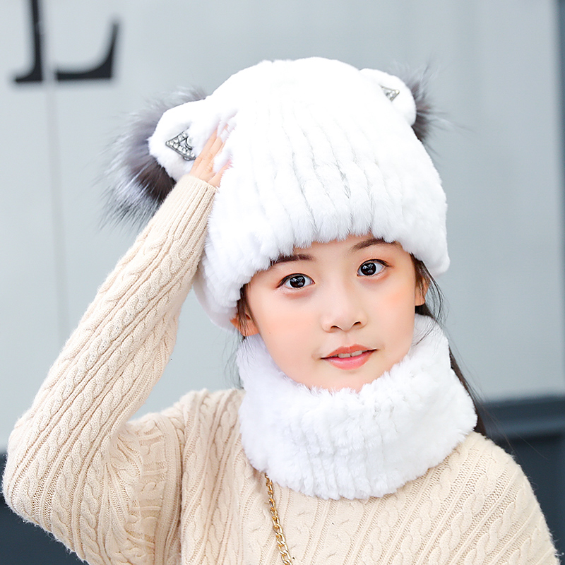儿童兔毛保暖帽 真皮獭兔毛手缝编织皮草帽子套装围脖冬季帽