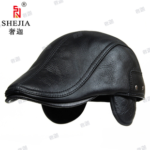 秋冬季皮毛一体中老年皮帽子男羊皮前进鸭舌帽保暖真皮护耳贝雷帽