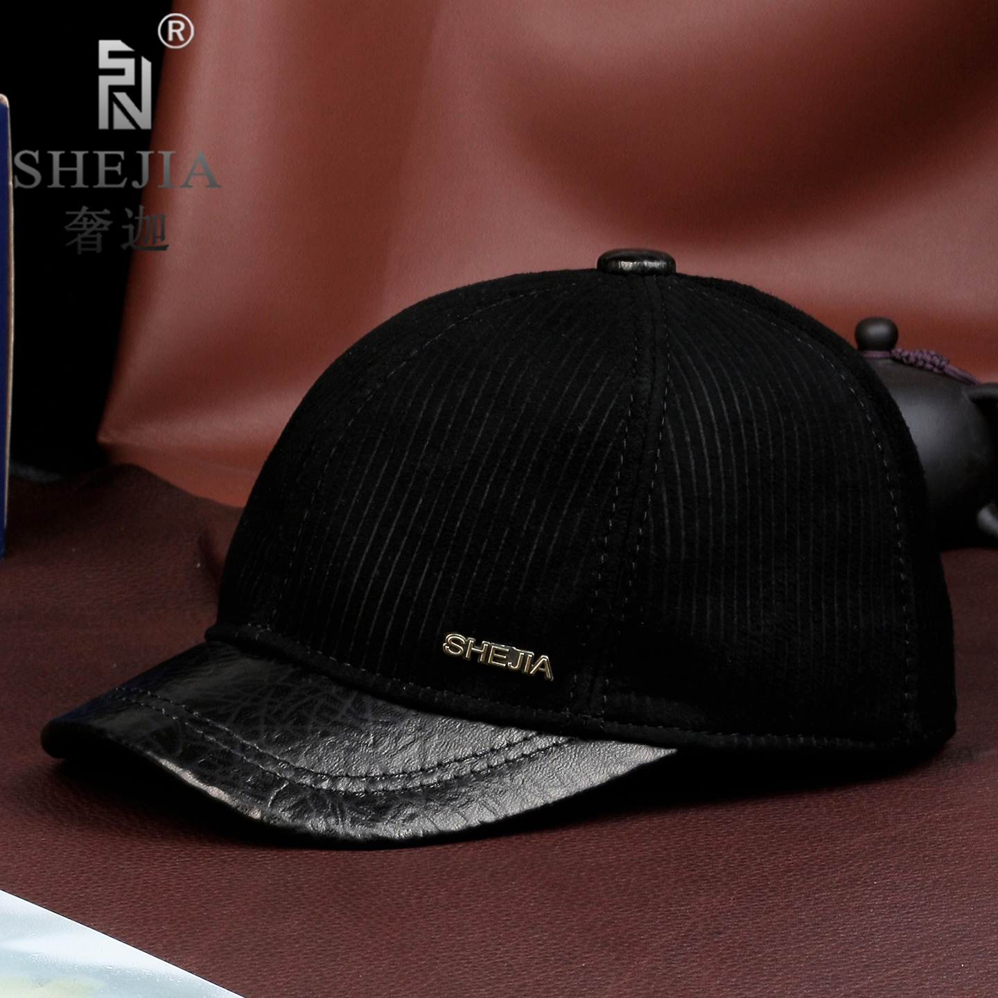 户外真皮帽子男羊绒皮短沿棒球帽