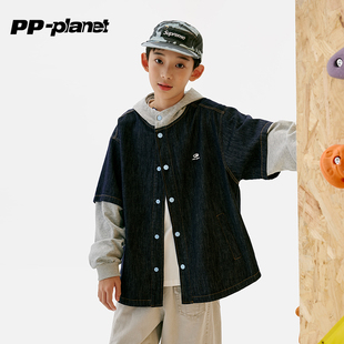 PP星球原创儿童秋新款假两件牛仔外套男童潮酷中大童连帽休闲上衣