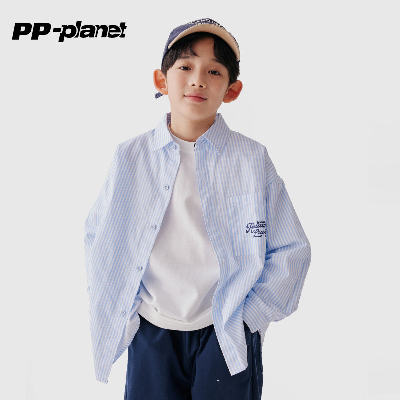 PP星球童装男童百搭衬衫上衣春秋款儿童宽松休闲简约条纹衬衣