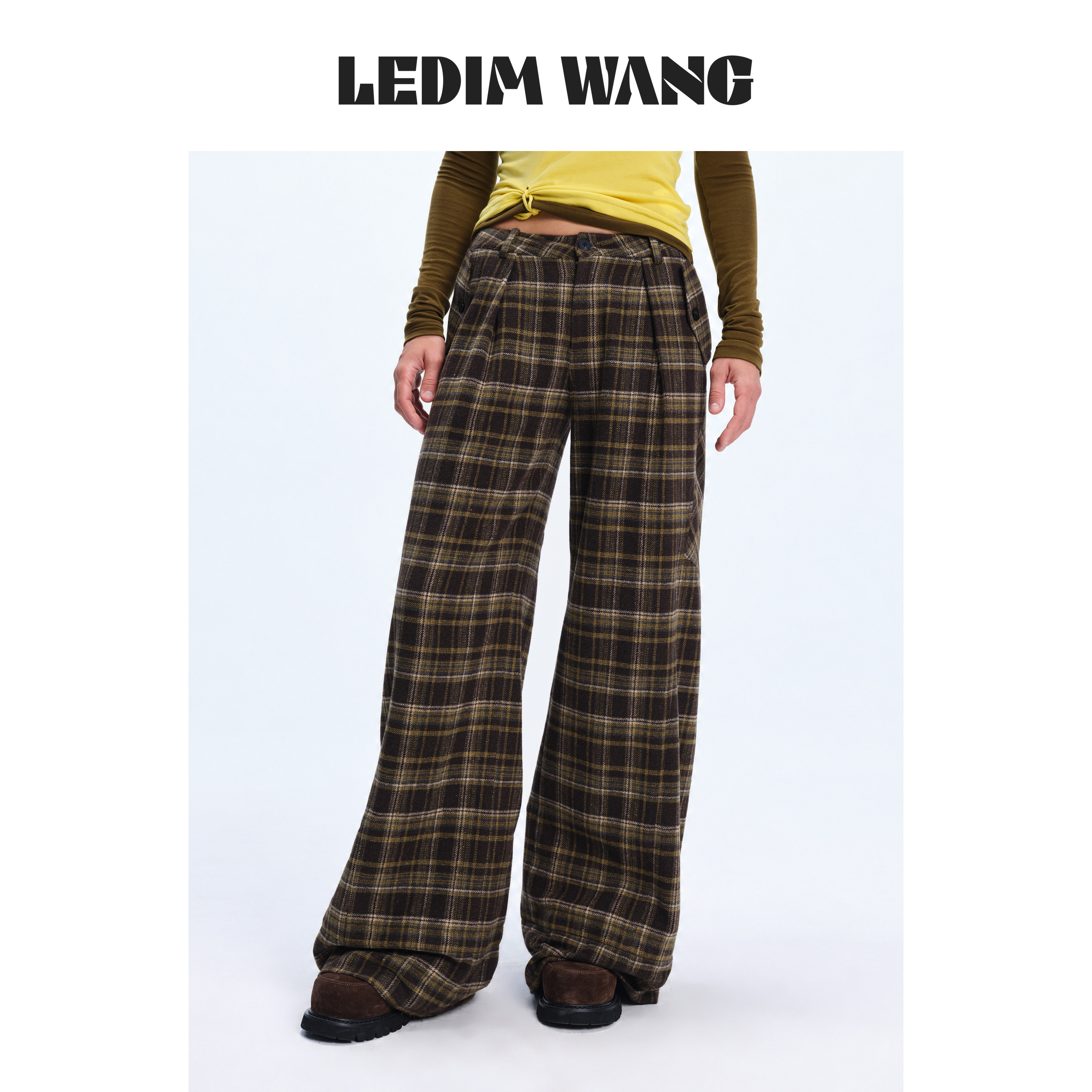 LEDIM WANG复古格纹宽松休闲裤女棕色中低腰直筒长裤26秋冬新款