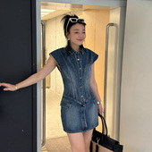 牛仔连衣裙女夏2025新款 LEDIM WANG原色无袖 百搭拼接翻领结构短裙