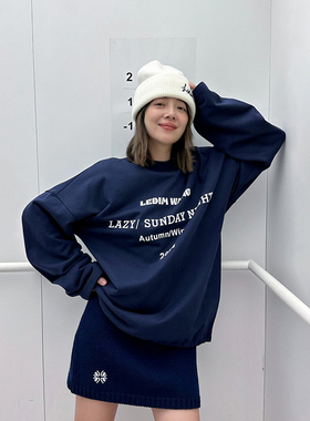 董洁同款LEDIM WANG纯棉字母长袖T恤女秋冬新款休闲百搭绒感上衣