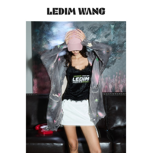 LEDIMWANG做旧涂鸦印花毛衣开衫