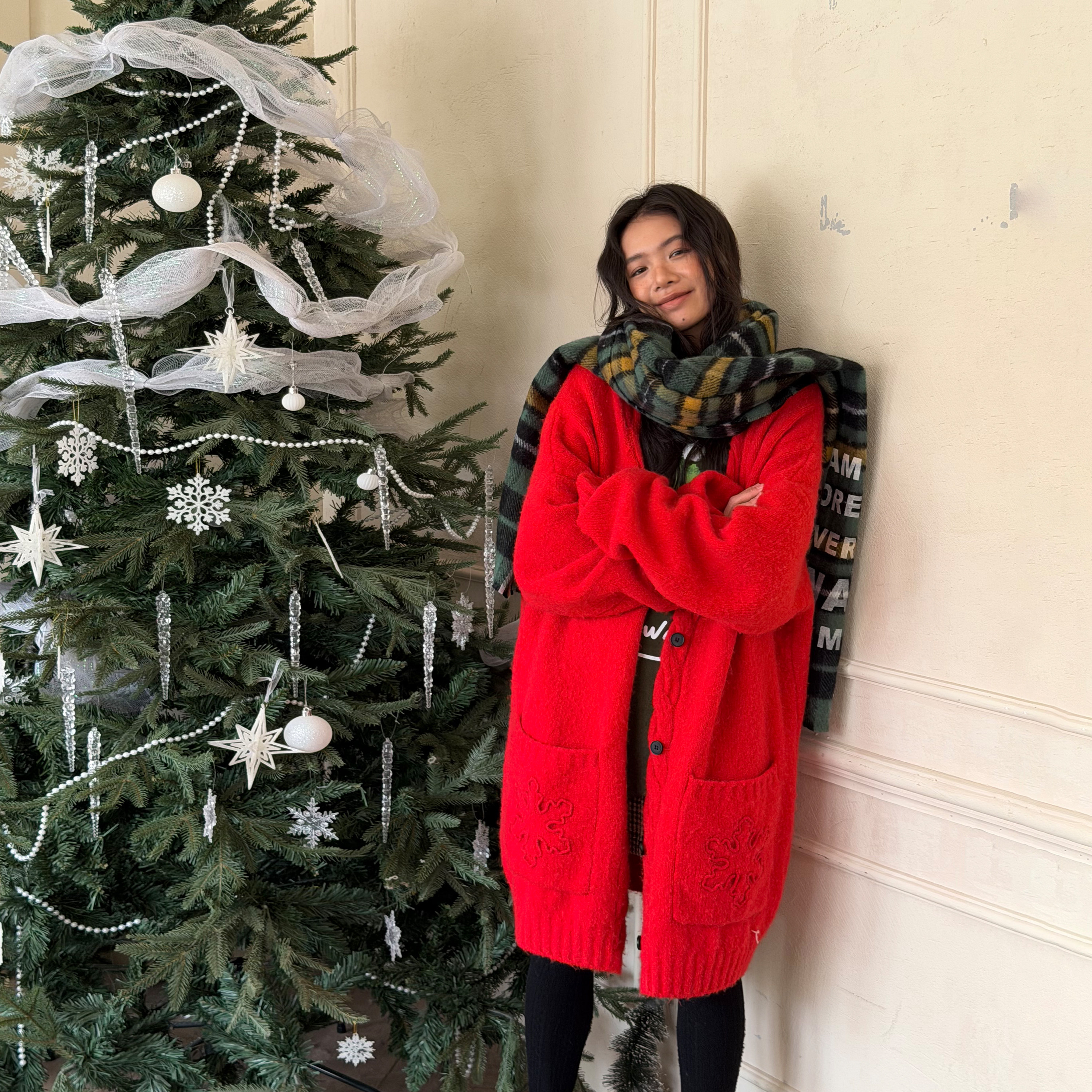 LEDIM WANG雪花开衫毛衣女红色羊毛长袖宽松保暖2025秋冬新款