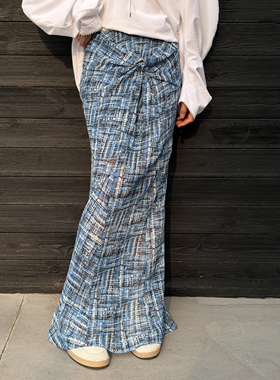 LEDIM WANG度假风鱼尾半身裙女蓝色雪纺纽结修身长裙2026春季新款