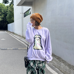 上衣25冬新款 LEDIM WANG红标俏皮软语可爱小狗宽松卫衣女紫色长袖