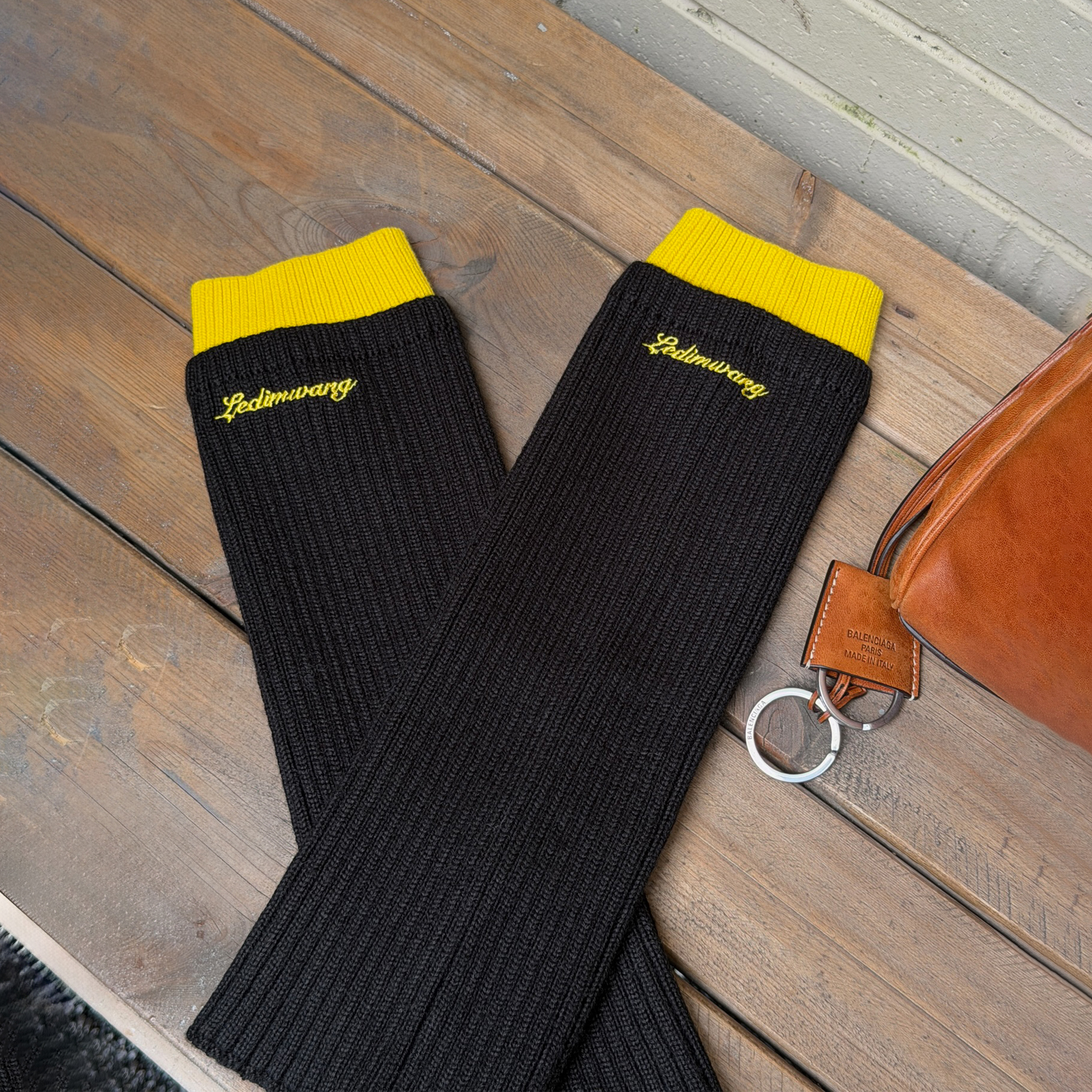 LEDIM WANG红标/黑黄撞色假两件针织袜套2025秋冬新款中筒袜