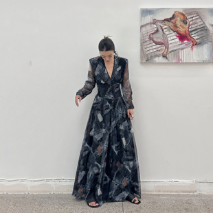 新款 LEDIM 收腰连衣裙女秋季 牛仔印花度假风长袖 长裙 WANG白标