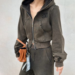 卫衣女25秋季 做旧刺绣开衫 新款 连帽短款 外套 LEDIM 美式 WANG红标