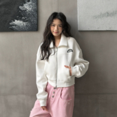 WANG廓形短款 开衫 卫衣女白色印花长袖 LEDIM 立领收腰上衣26春新款