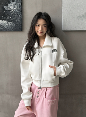 LEDIM WANG廓形短款开衫卫衣女白色印花长袖立领收腰上衣26春新款