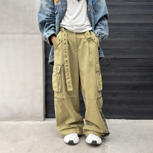 WANG复古印花休闲裤 裤 女森林绿宽松2026春季 阔腿工装 新款 LEDIM