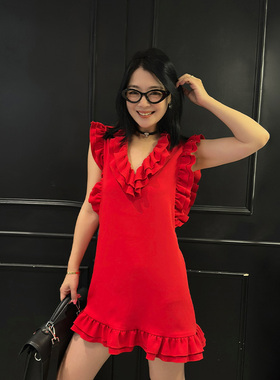 LEDIM WANG荷叶边红色连衣裙女夏气质无袖收腰短裙小众不撞款裙子