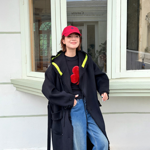 上衣 松弛感撞色双面毛呢外套女连帽大衣秋冬新款 LEDIM WANG黑标