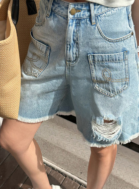 LEDIM WANG破洞贴袋牛仔裤女夏季新款浅蓝色宽松氛围感直筒中裤