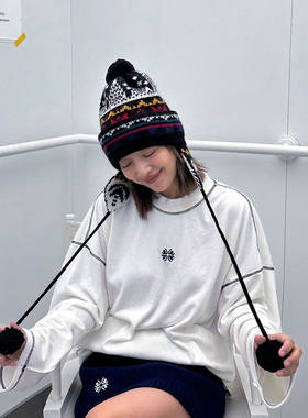 LEDIM WANG北欧风毛绒帽子女冬季新款毛线帽毛球提花百搭针织帽