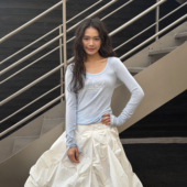 WANGU领长袖 毛针织衫 女浅蓝莱赛尔羊毛修身 LEDIM 上衣2026春新款