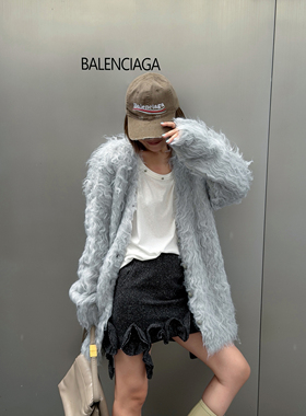 LEDIM WANG白标/松绒风针织毛衣开衫女宽松灰色中长款25秋冬新款