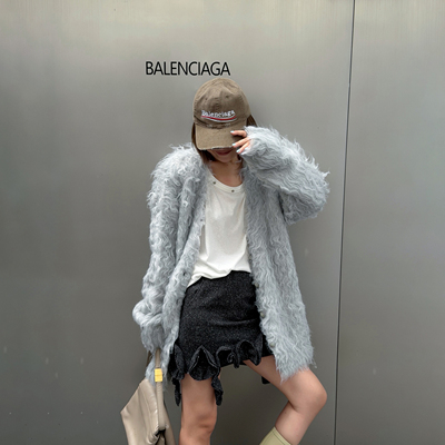 LEDIM WANG白标/松绒风针织毛衣开衫女宽松灰色中长款25秋冬新款